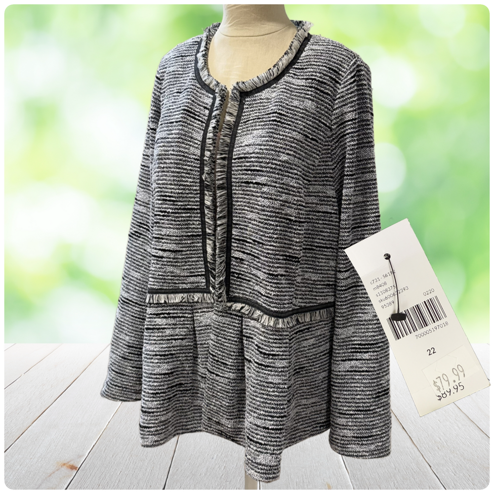 New LANE BRYANT Tweed Jacket Fringe Trim Peplum Open Front Black White Plus 22